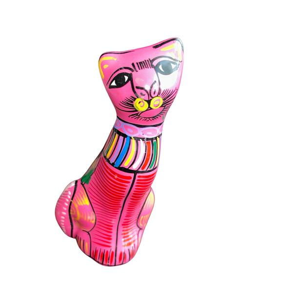Unbranded Other - Vintage hand-painted ceramic Mexican folk art cat figurine pink Talavera style